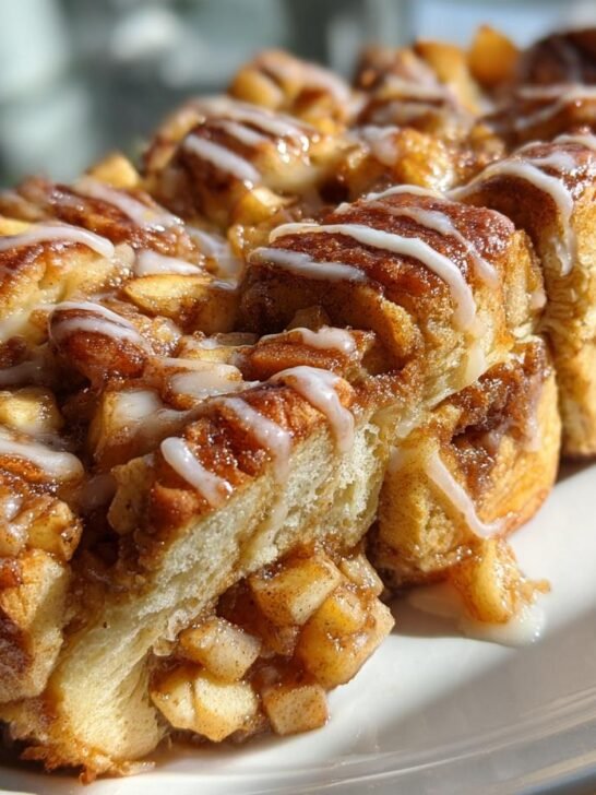 Close-up of a loaf of Vegan Apple Cinnamon Pull Apart Bread, featuring cinnamon filling and drizzled with white icing.