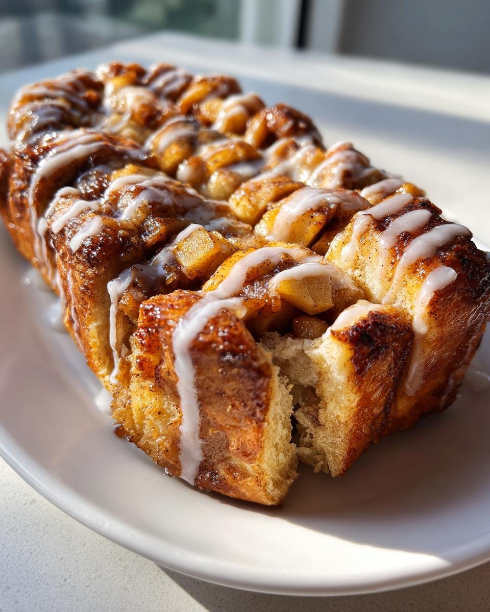 A freshly baked loaf of Vegan Apple Cinnamon Pull Apart Bread, drizzled with white icing, sitting on a white plate.