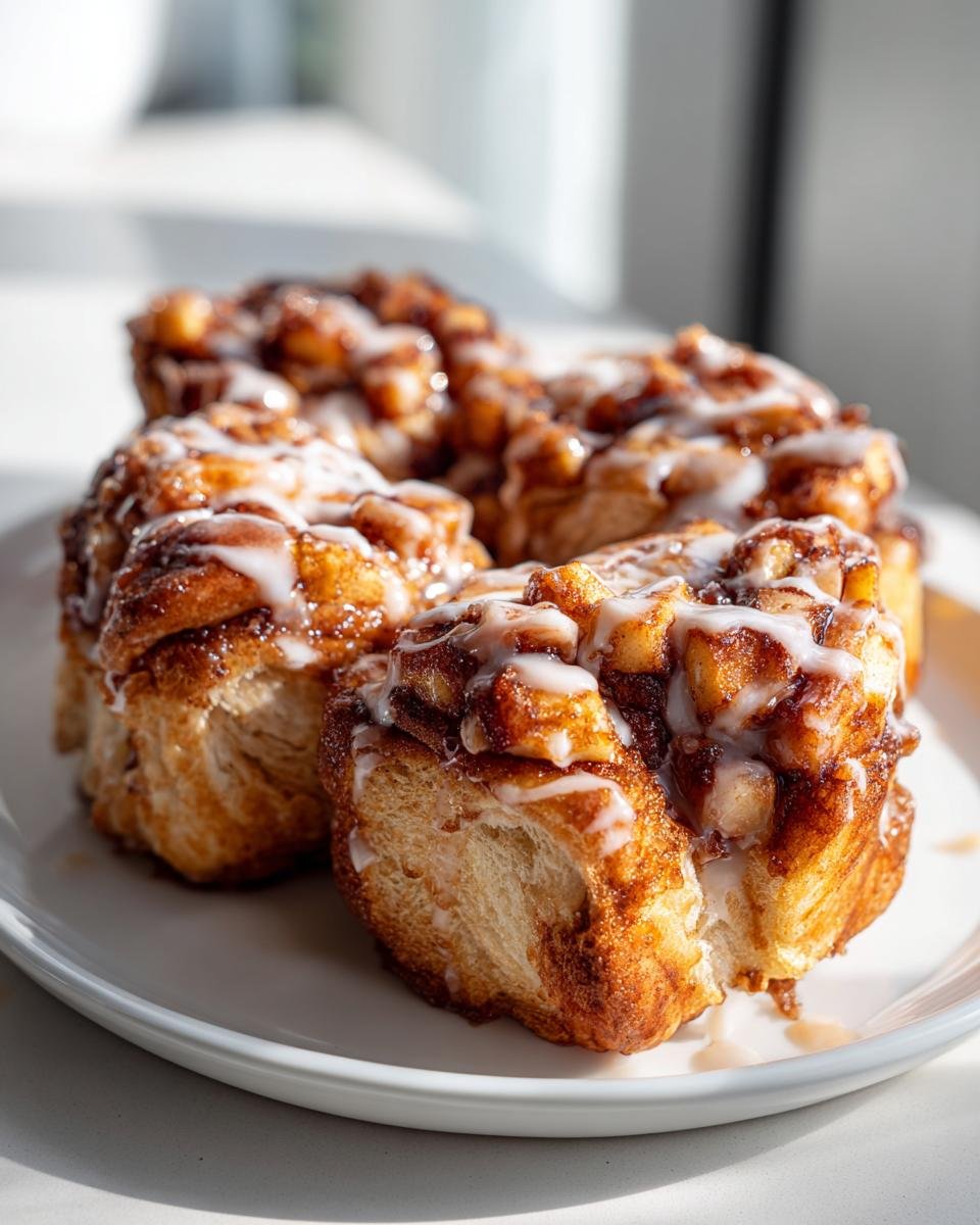 Close-up of soft, golden-brown Vegan Apple Cinnamon Pull Apart Bread rolls drizzled with white icing on a white plate.