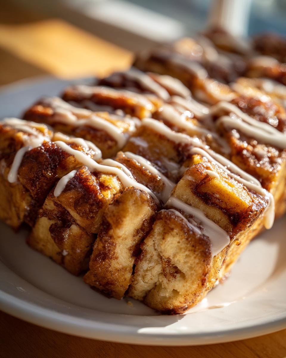 Close-up of freshly baked Vegan Apple Cinnamon Pull Apart Bread slices drizzled with white icing.