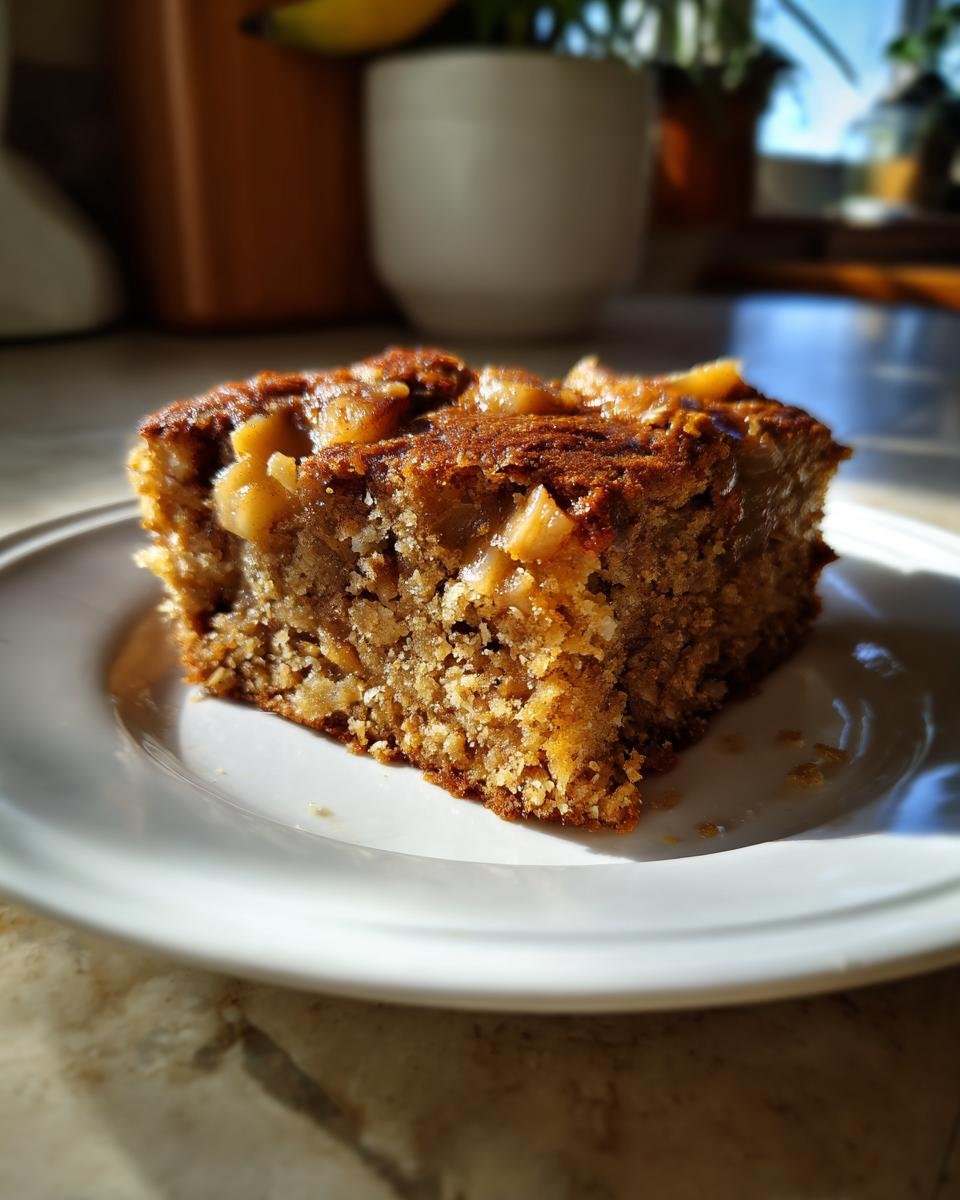 A delicious slice of Vegan Apple Oatmeal Sheet Cake on a white plate, showcasing its moist texture and apple chunks.