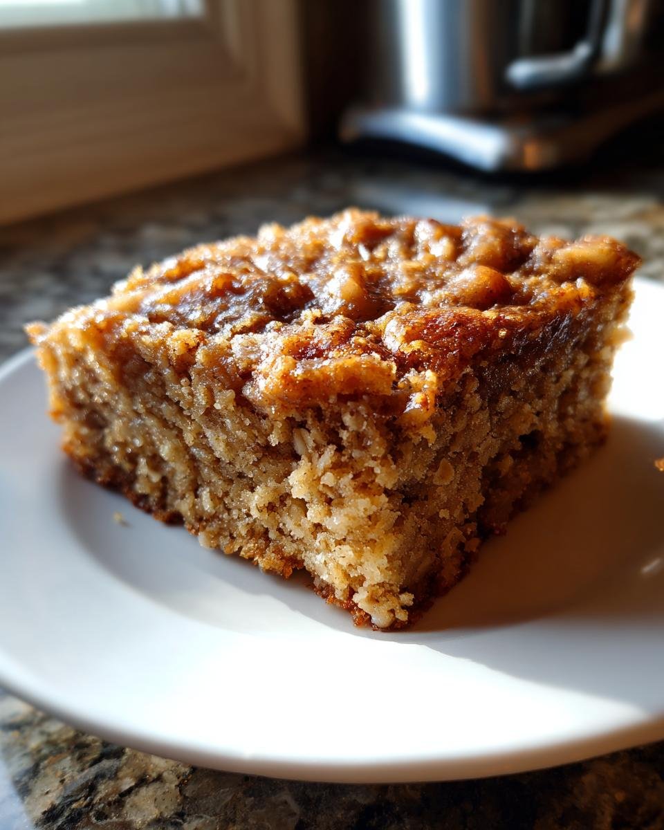 A close-up of a moist slice of Vegan Apple Oatmeal Sheet Cake on a white plate, with a golden-brown topping.