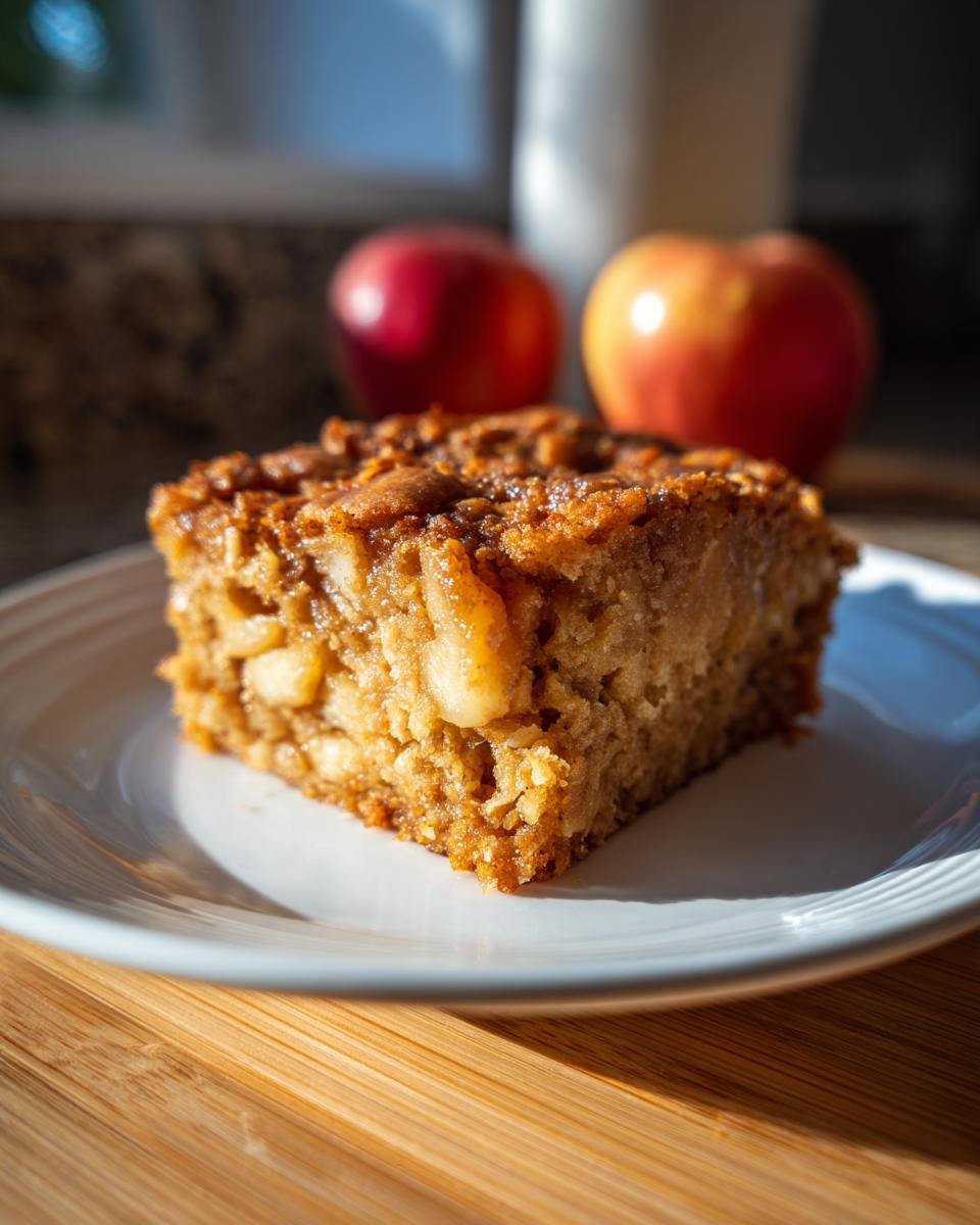 A slice of Vegan Apple Oatmeal Sheet Cake on a white plate, with apples in the background.