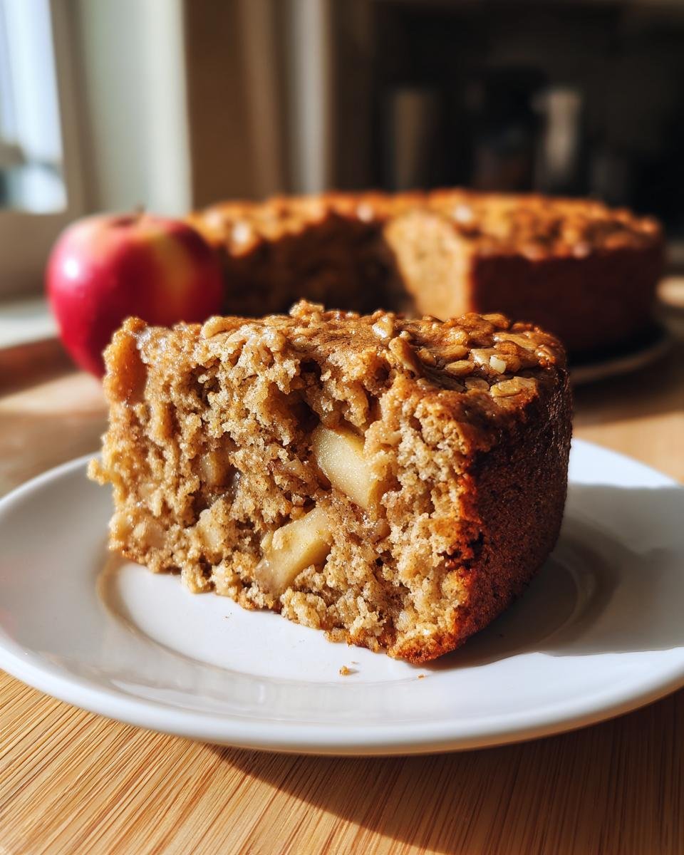 A slice of delicious vegan apple oatmeal sheet cake with visible apple chunks on a white plate.