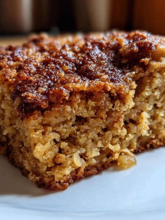 A close-up of a slice of Vegan Apple Oatmeal Sheet Cake on a white plate, showing its texture and crumb.