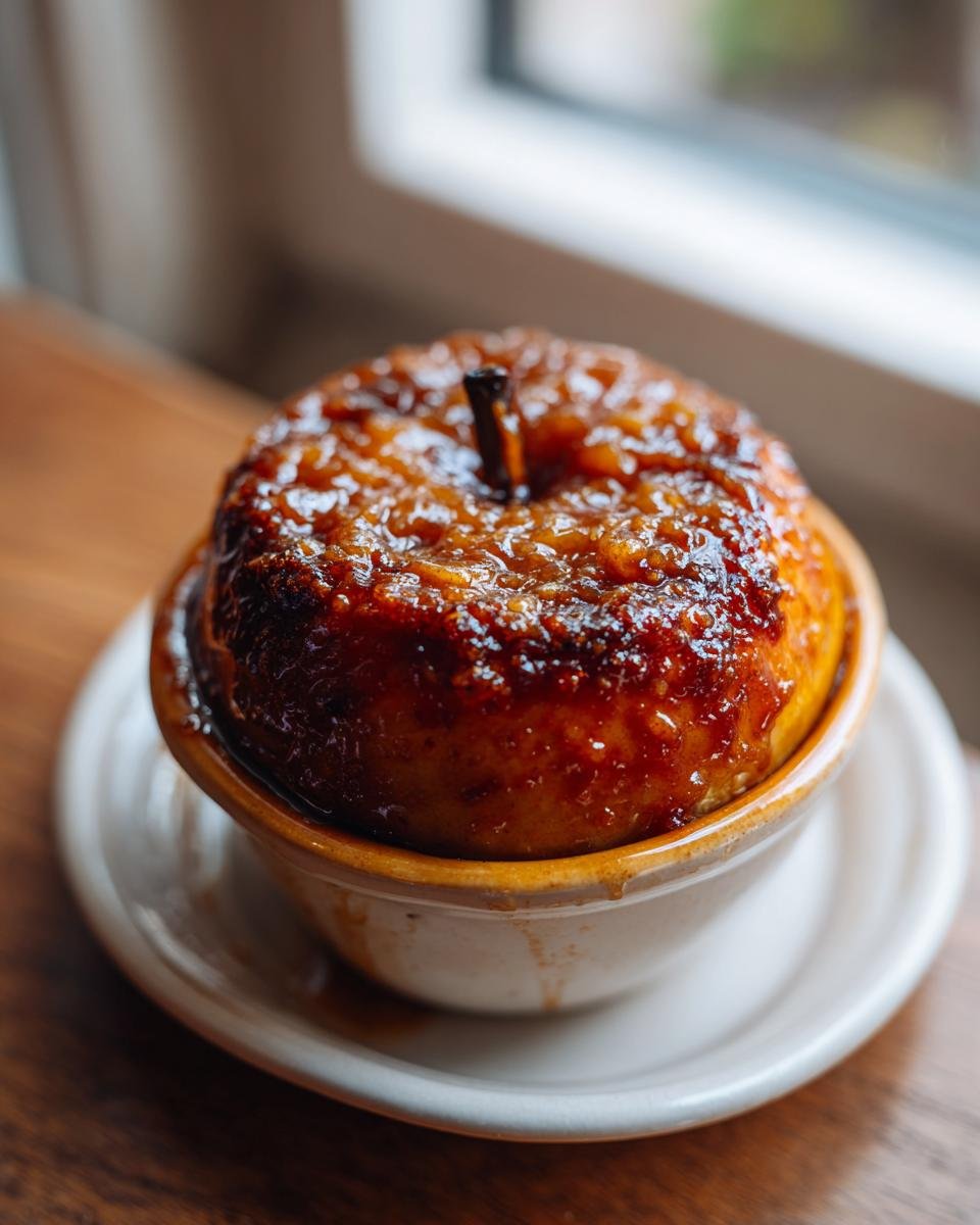 A close-up of a Vegan Baked Cinnamon Caramel Apple, deeply glazed and served warm in a small ceramic bowl.