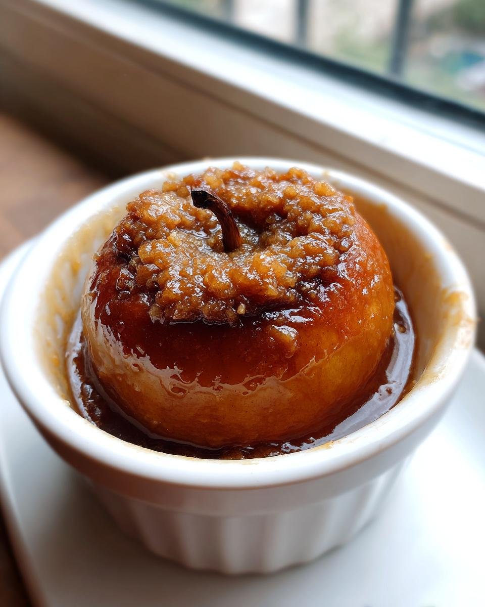 A close-up of a single Vegan Baked Cinnamon Caramel Apple, glistening with sauce and topped with crumble, served in a white ramekin.