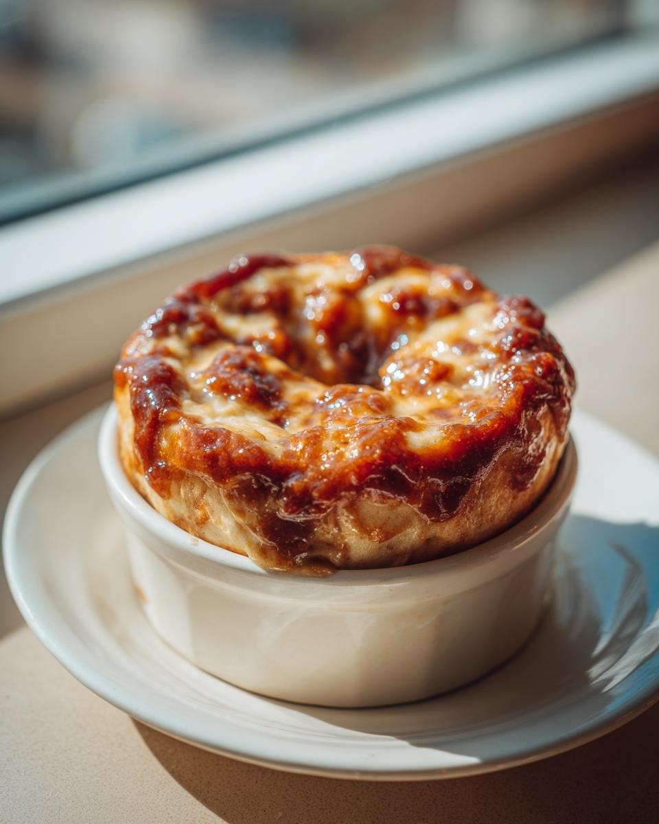 Close-up of a single serving Vegan Baked Cinnamon Caramel Apple topped with glossy caramel sauce.
