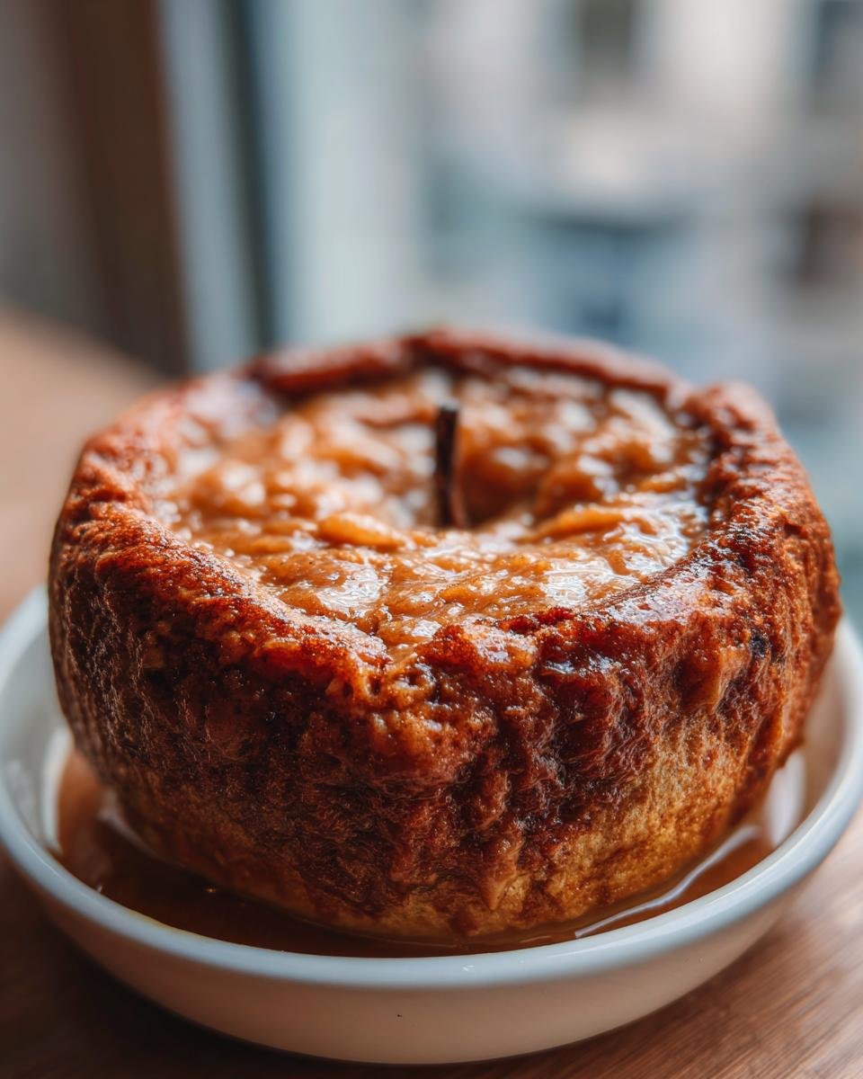 Close-up of a single, perfectly baked Vegan Baked Cinnamon Caramel Apple, glistening with caramel sauce.