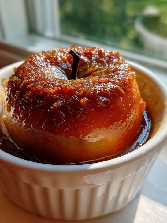 A single Vegan Baked Cinnamon Caramel Apple, glistening with glaze, served in a white ramekin by a sunny window.