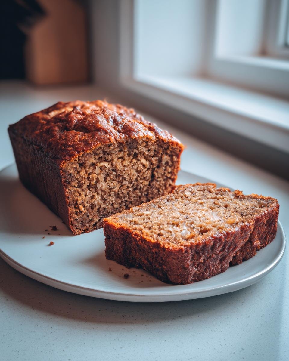 A slice of moist Vegan Banana Oatmeal Sheet Cake on a plate, showing its tender crumb and banana chunks.