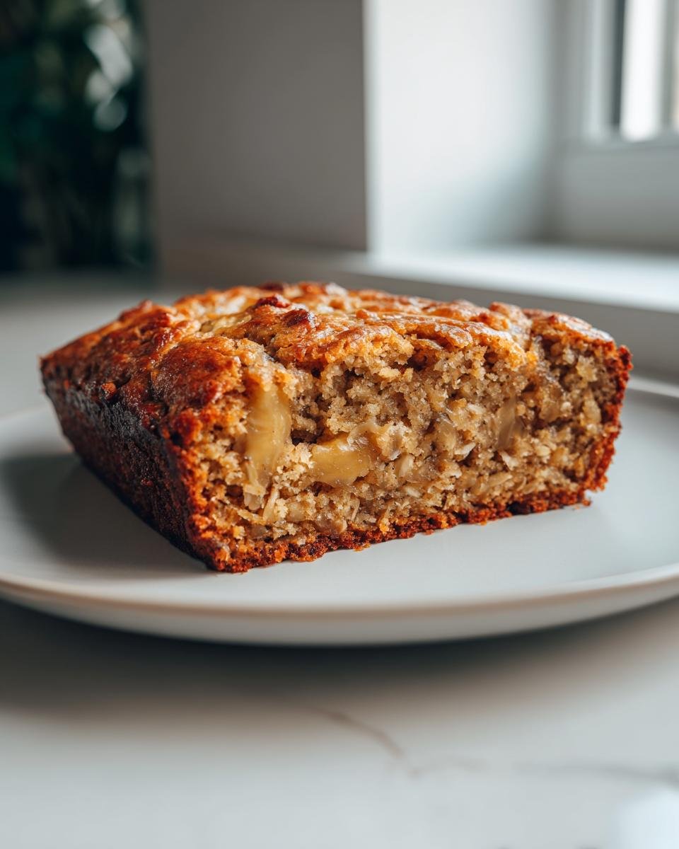 A slice of moist Vegan Banana Oatmeal Sheet Cake on a white plate, showing a dense crumb with visible oats and banana pieces.