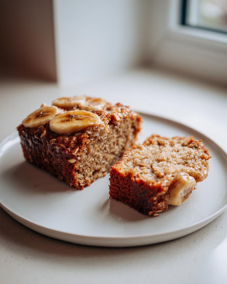 A slice of Vegan Banana Oatmeal Sheet Cake topped with banana slices and oats.
