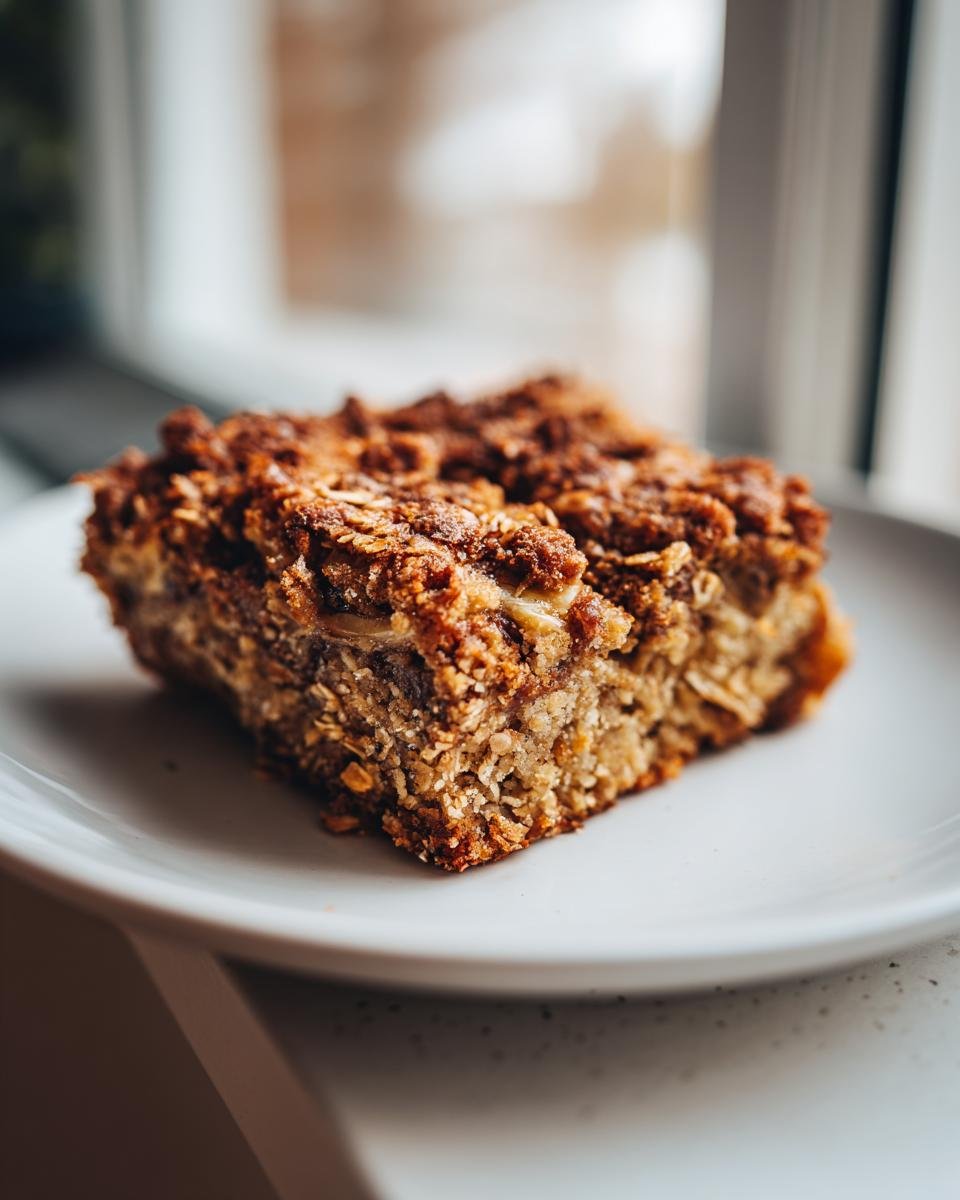 A close-up of a slice of Vegan Banana Oatmeal Sheet Cake on a white plate, showcasing its textured crumb and topping.