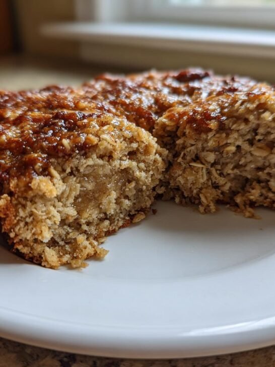 A close-up of a moist Vegan Banana Oatmeal Sheet Cake slice on a white plate, showing oats and banana texture.