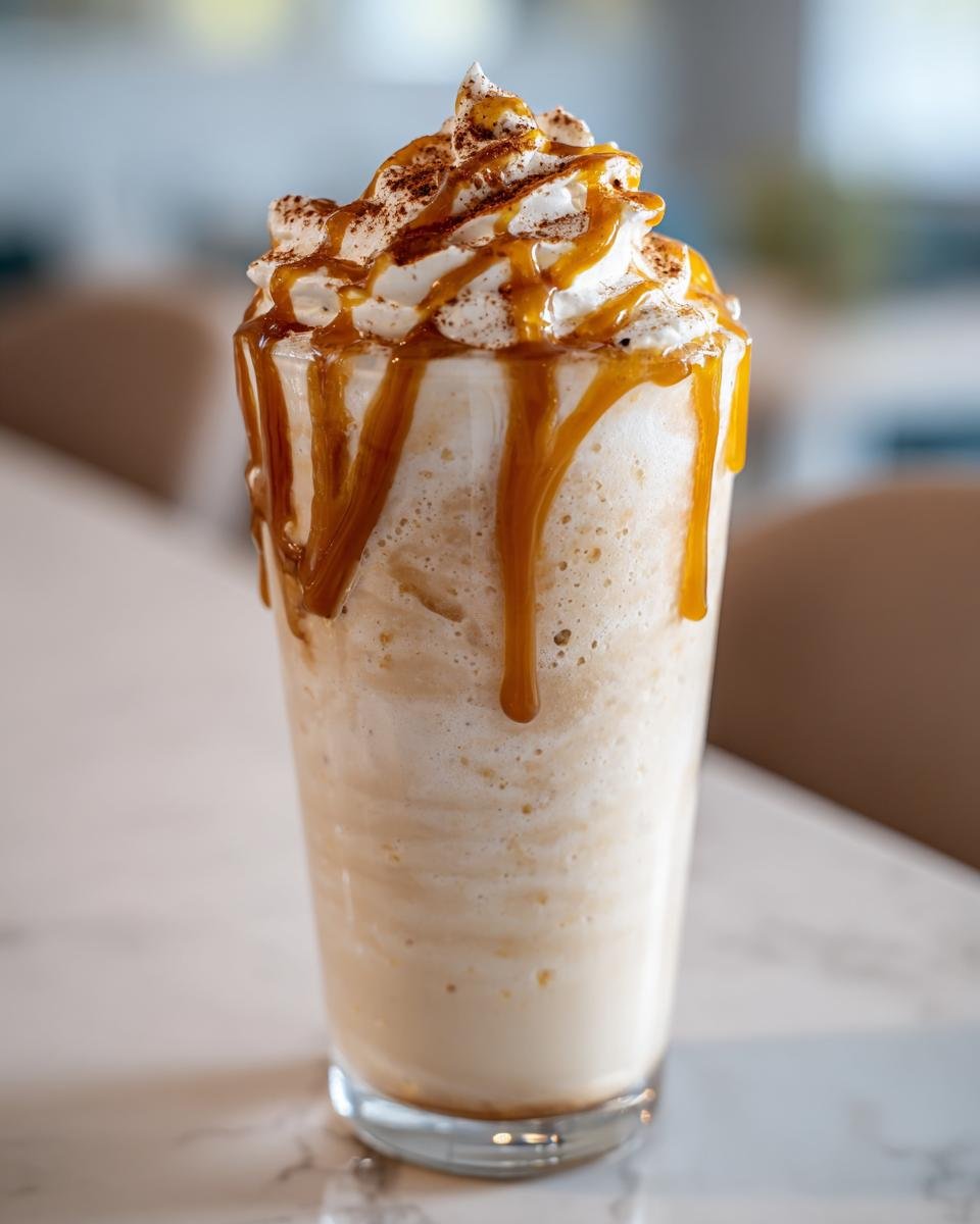 A tall glass filled with a frothy Vegan Caramel Eggnog Mocktail, drizzled heavily with caramel sauce and topped with whipped cream and cinnamon.