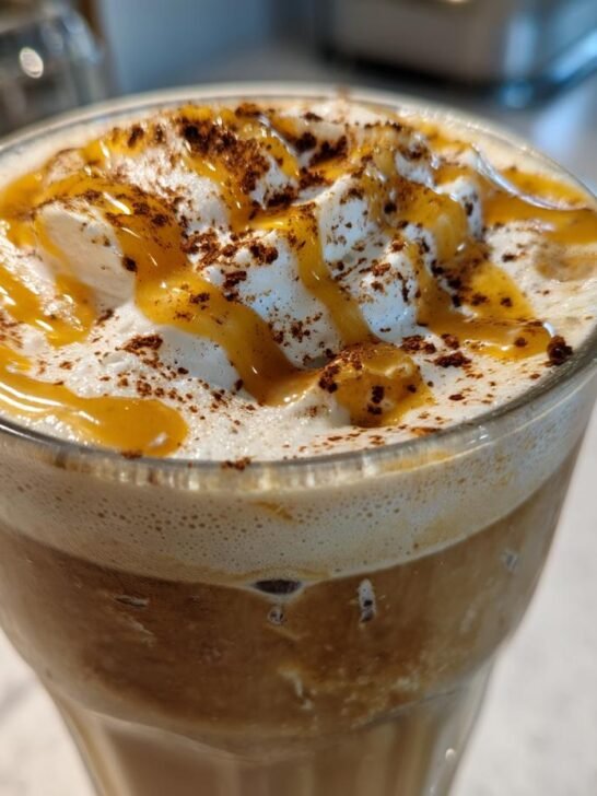 Close-up of a Vegan Caramel Eggnog Mocktail topped with whipped cream, caramel drizzle, and nutmeg.