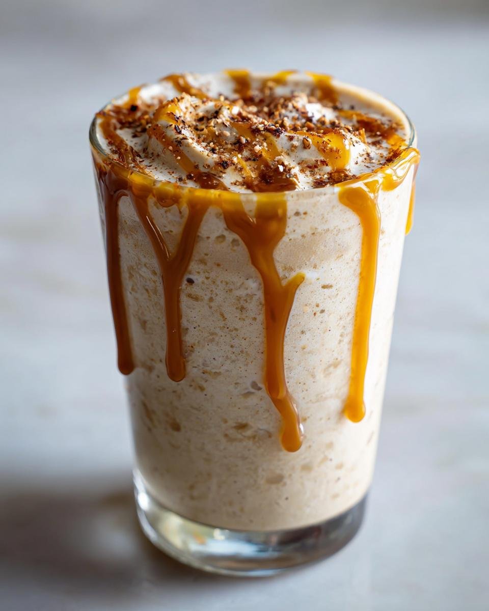 A tall glass filled with a creamy Vegan Caramel Eggnog Mocktail, topped with whipped cream and caramel drizzle.