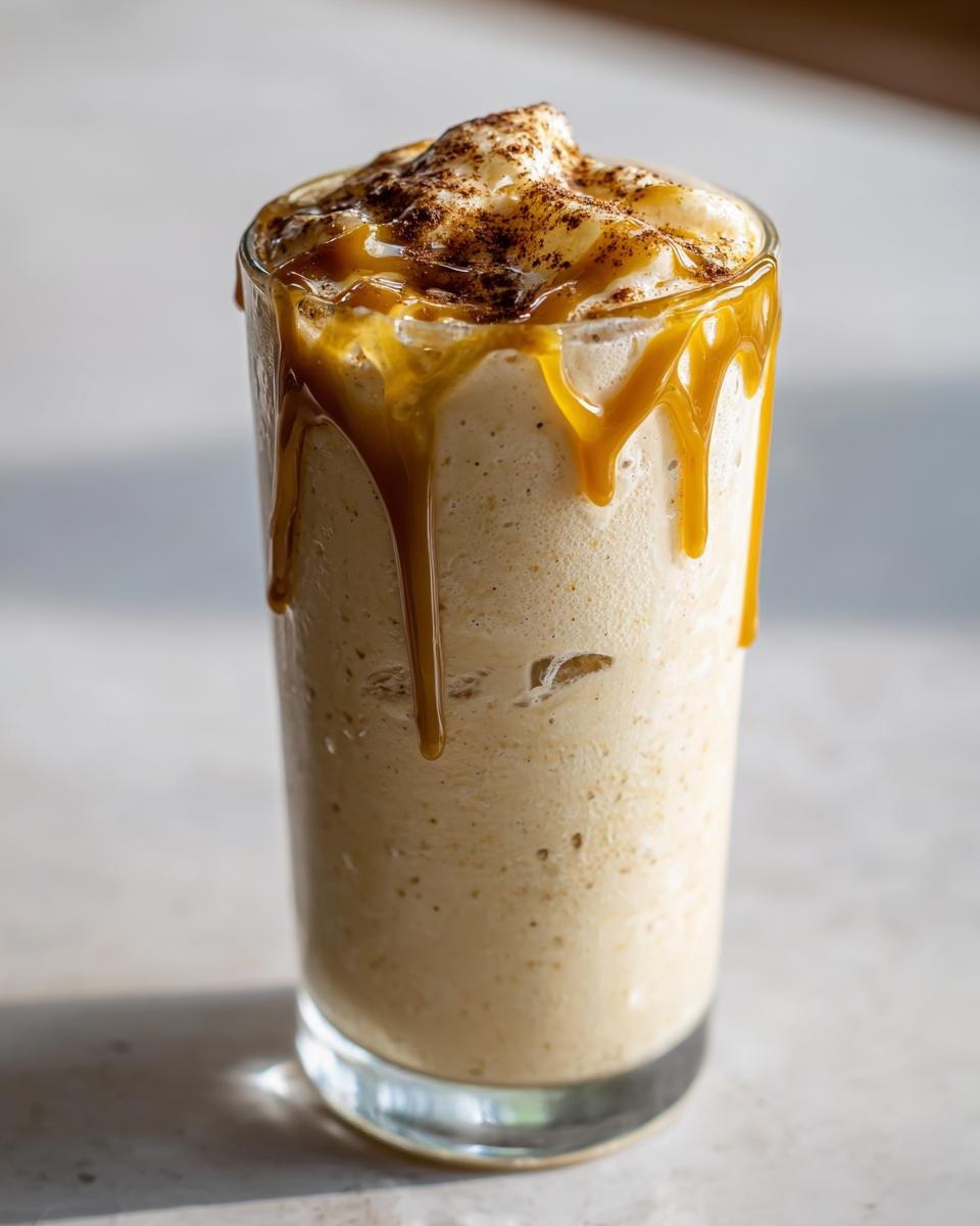 Close-up of a tall glass filled with a creamy Vegan Caramel Eggnog Mocktail, topped with whipped cream and caramel drizzle.