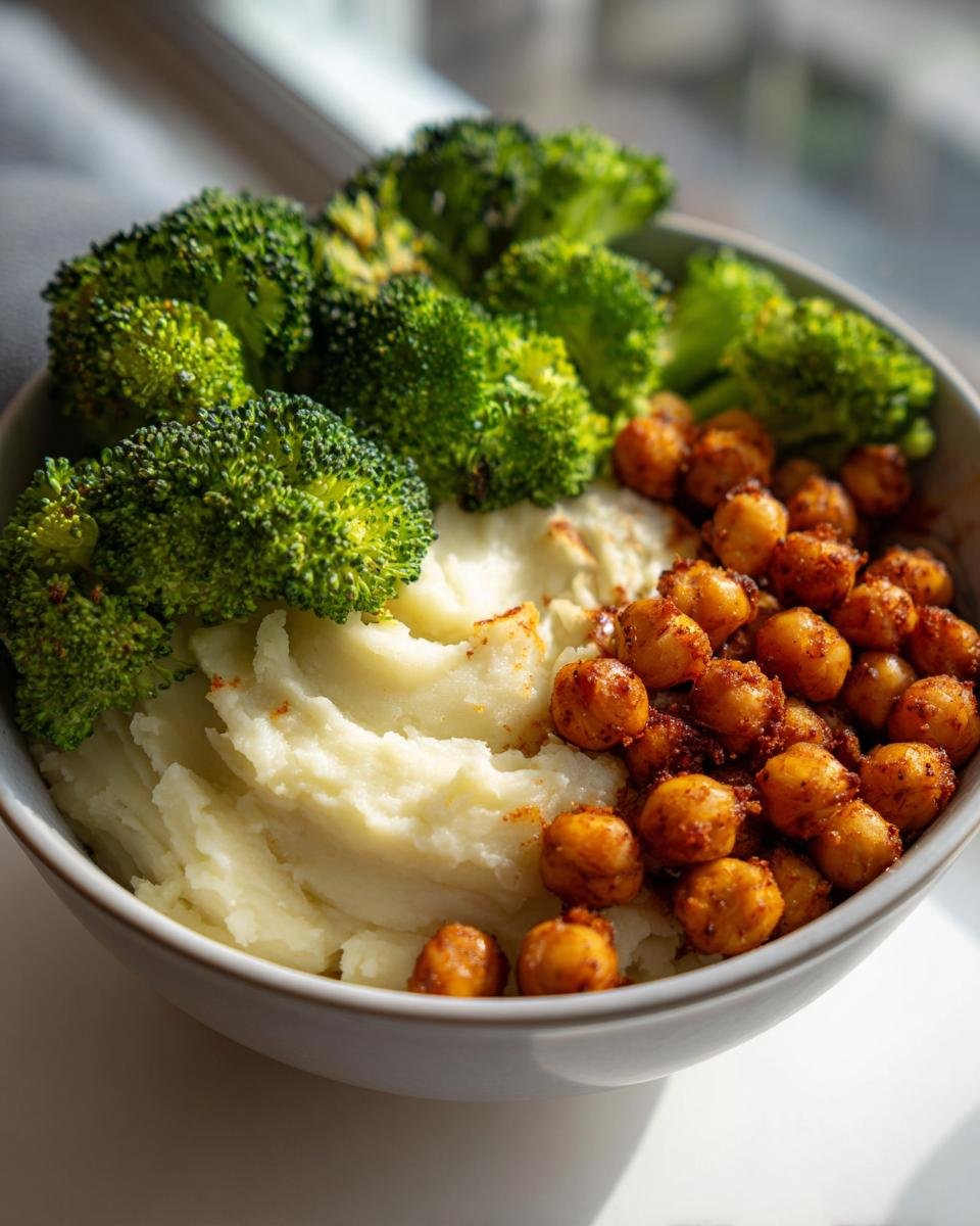 Close-up of a Vegan Chickpea Broccoli Mashed Potato Buddha Bowl with seasoned chickpeas and steamed broccoli.