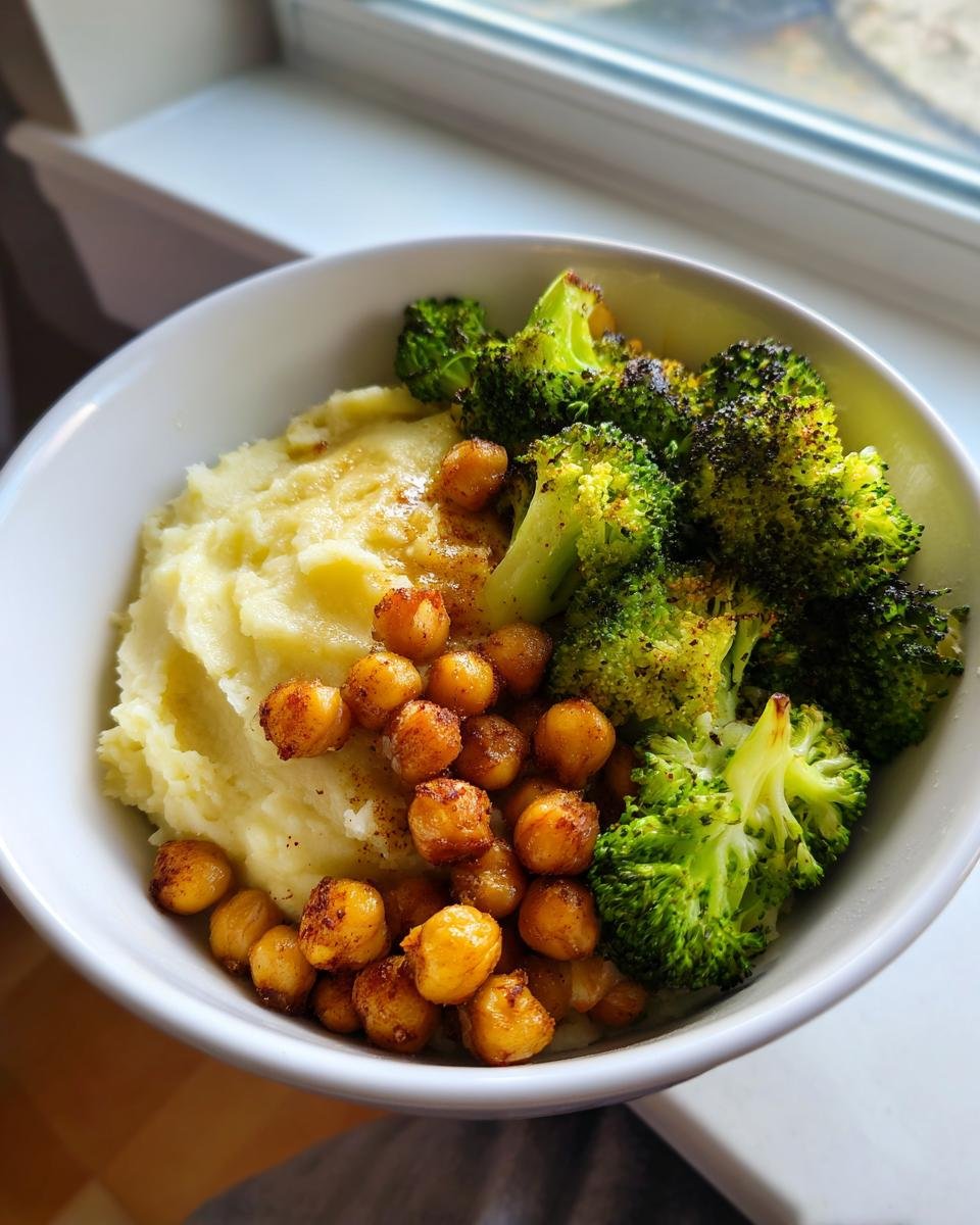 A white bowl filled with Vegan Chickpea Broccoli Mashed Potato Bowl, featuring creamy mash, roasted chickpeas, and bright green broccoli florets.