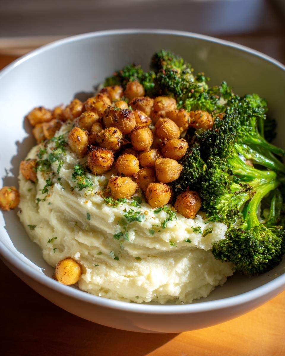 A close-up of a Vegan Chickpea Broccoli Mashed Potato Buddha Bowl with crispy chickpeas and roasted broccoli.