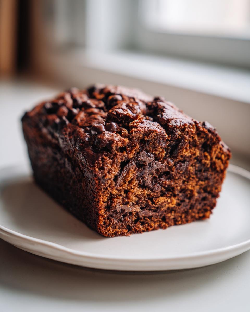 A close-up of a dark, rich loaf of Vegan Chocolate Bourbon Banana Bread topped with melted chocolate chips.
