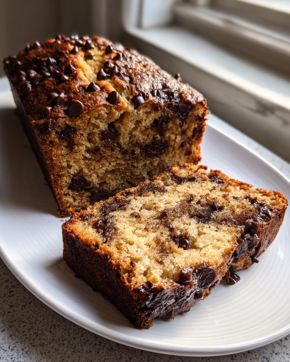 A loaf of Vegan Chocolate Bourbon Banana Bread with a slice cut, topped generously with melted chocolate chips.