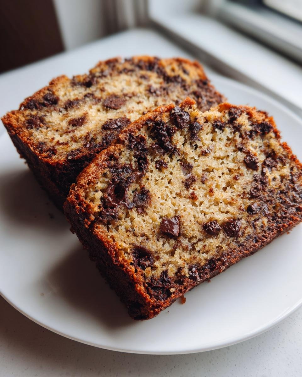 Two thick slices of moist Vegan Chocolate Bourbon Banana Bread loaded with chocolate chips on a white plate.