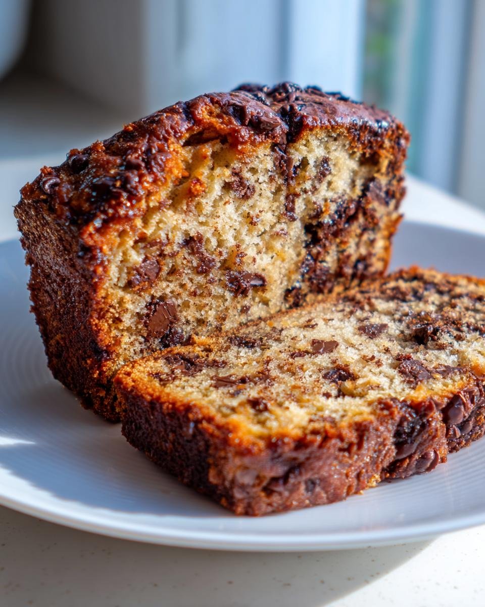 Close-up of moist slices of Vegan Chocolate Bourbon Banana Bread loaded with chocolate chips.
