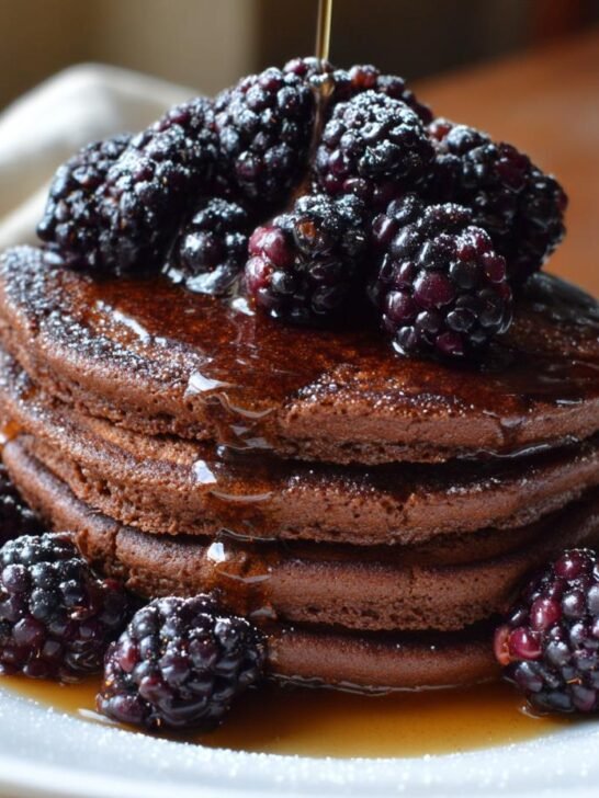 A stack of vegan chocolate pancakes topped with fresh blackberries and drizzled with syrup.