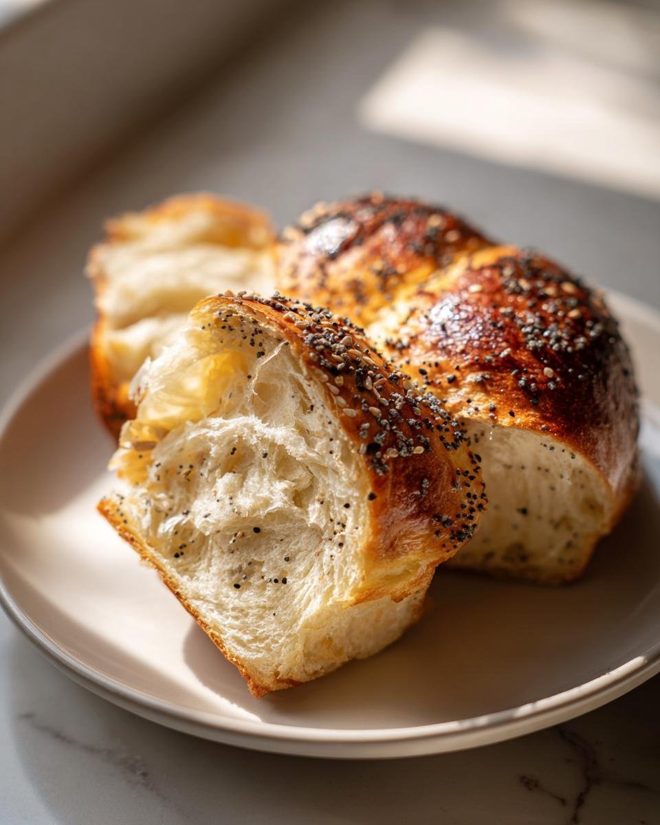 Close-up of torn Vegan Everything Bagel Brioche Bread showing the soft, fluffy interior and everything bagel topping.