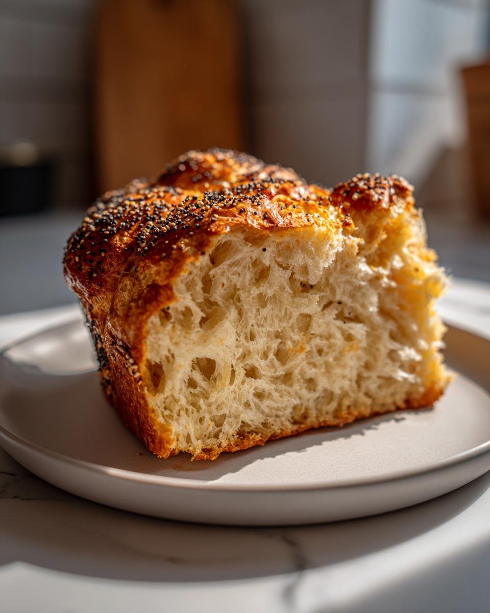 Close-up of a slice showing the airy crumb structure of the Vegan Everything Bagel Brioche Bread, topped with seeds.