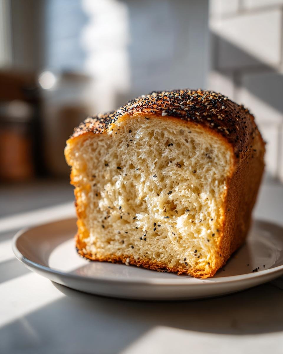 A close-up, cross-section view of a loaf of fluffy Vegan Everything Bagel Brioche Bread topped with seeds.