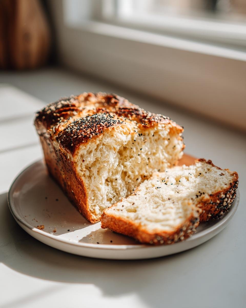 A loaf of fluffy Vegan Everything Bagel Brioche Bread, partially sliced, sitting on a white plate near a window.
