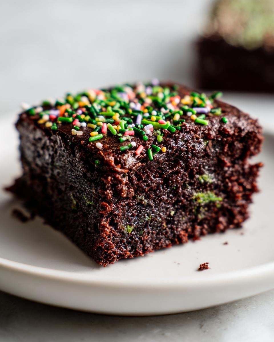 Close-up of a rich, dark chocolate Vegan Fudge Zucchini Brownies With Sprinkles square on a white plate.