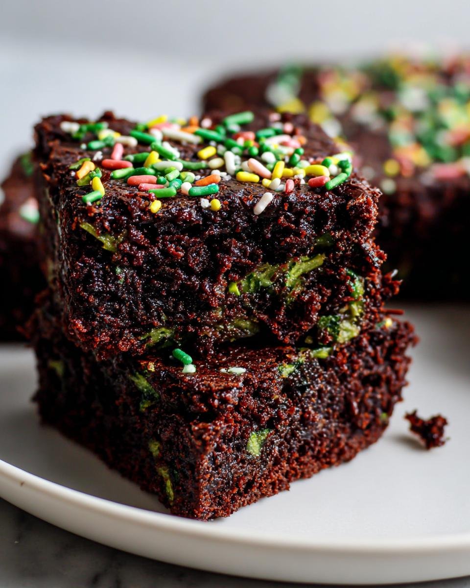 Two stacked, rich chocolate Vegan Fudge Zucchini Brownies topped with colorful sprinkles on a white plate.