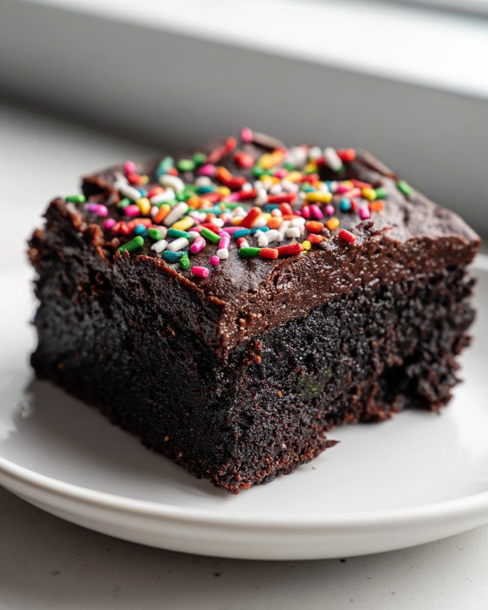 A close-up of a rich, dark Vegan Fudge Zucchini Brownies With Sprinkles slice on a white plate.