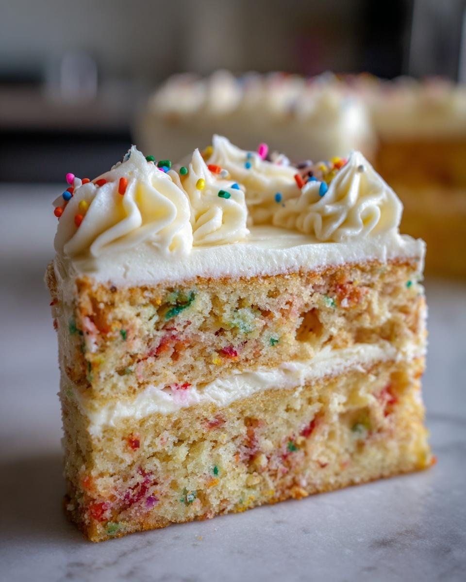 A slice of vegan funfetti cake with vanilla buttercream frosting and colorful sprinkles.