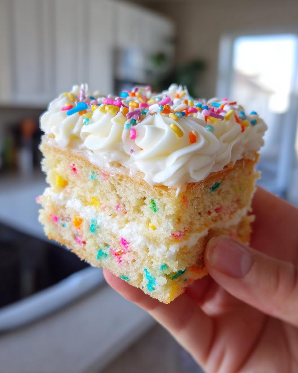 A slice of vegan funfetti cake with vanilla buttercream frosting and colorful sprinkles, held in a hand.
