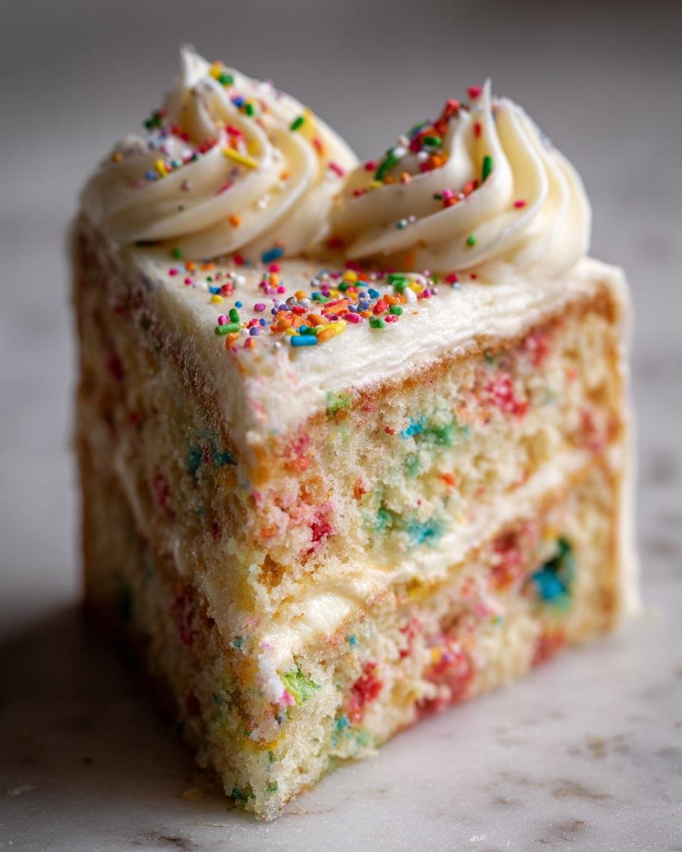 A slice of vegan funfetti cake with vanilla buttercream frosting, topped with colorful sprinkles.