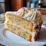 A delicious slice of Vegan Funfetti Cake with creamy Vanilla Buttercream frosting and colorful sprinkles.