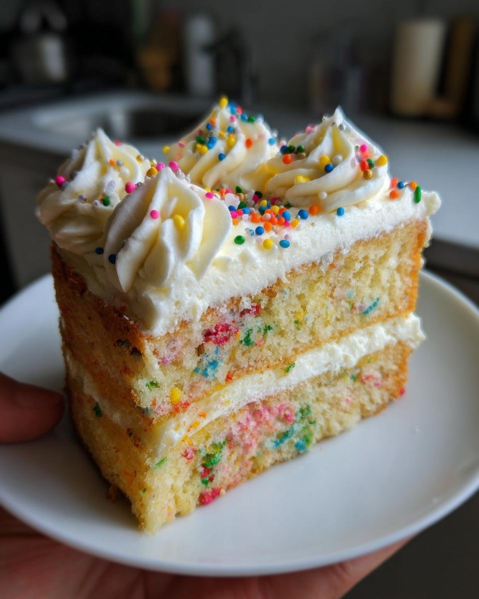 A slice of Vegan Funfetti Cake with vanilla buttercream frosting and colorful sprinkles.