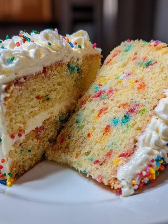 Two slices of Vegan Funfetti Cake with creamy vanilla buttercream frosting and colorful sprinkles.