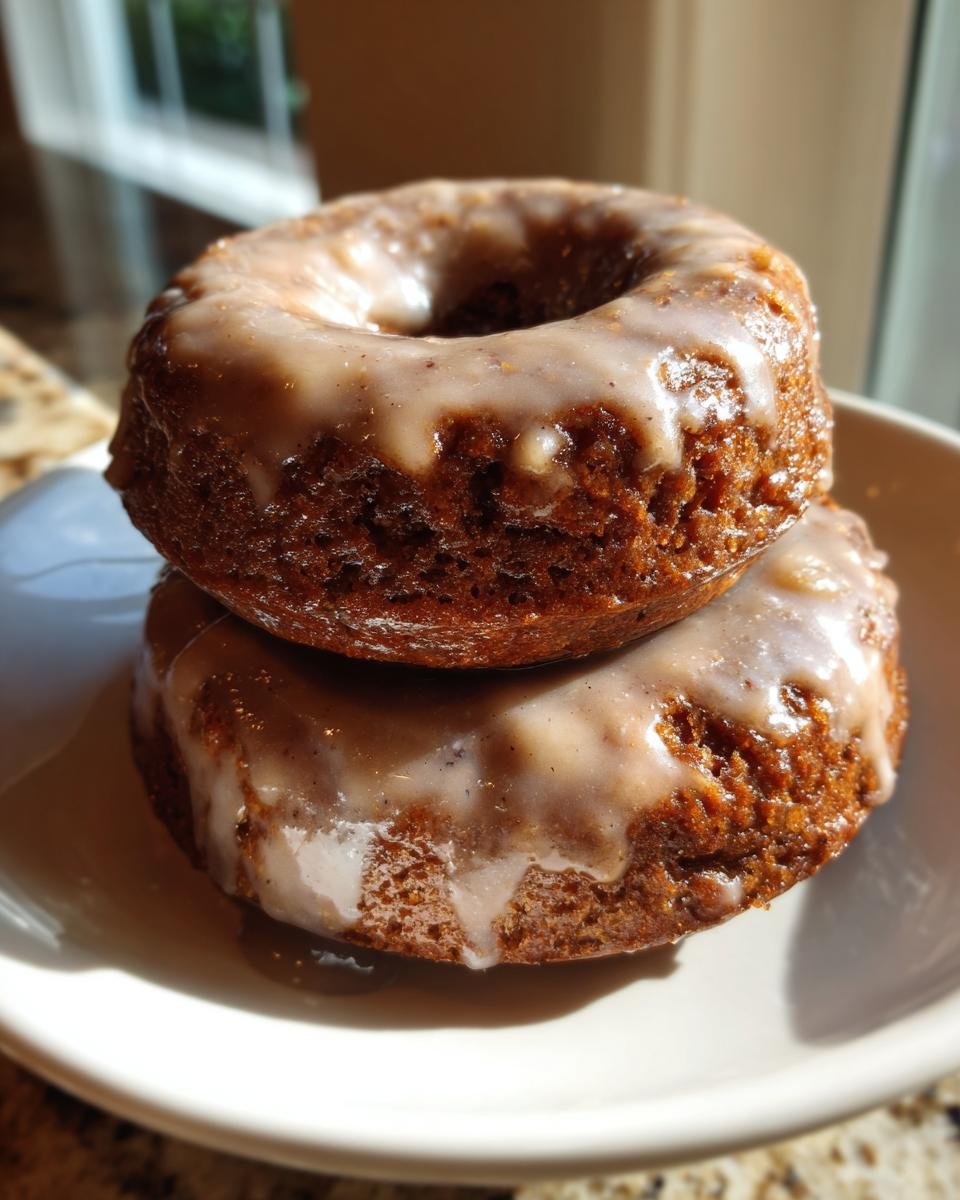 Two stacked Vegan Gingerbread Donuts topped with a thick, dripping Chai Glaze on a white plate.