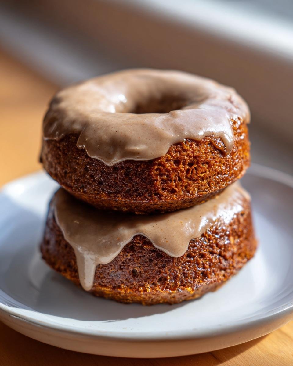Two stacked, moist Vegan Gingerbread Donuts topped with a thick, dripping Chai Glaze on a white plate.
