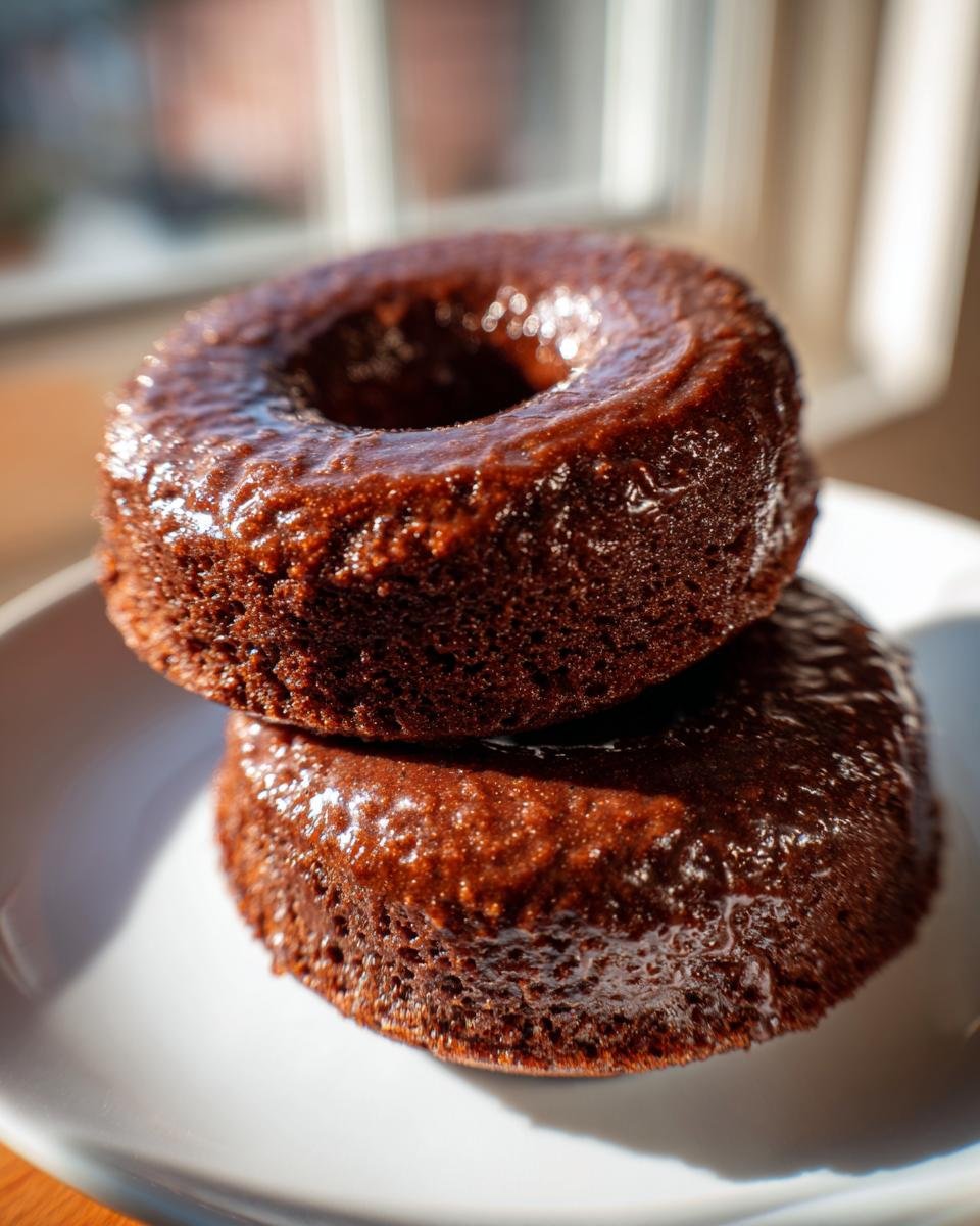 Two stacked, rich brown Vegan Gingerbread Donuts with a shiny glaze, sitting on a white plate.