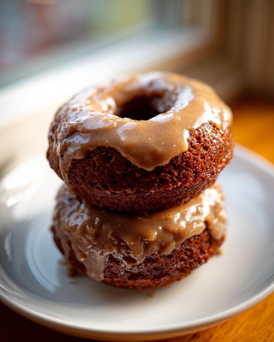 Two stacked Vegan Gingerbread Donuts topped with a thick, dripping Chai Glaze on a white plate.