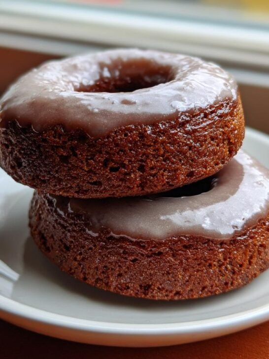 Two stacked Vegan Gingerbread Donuts Chai Glaze on a white plate near a window.