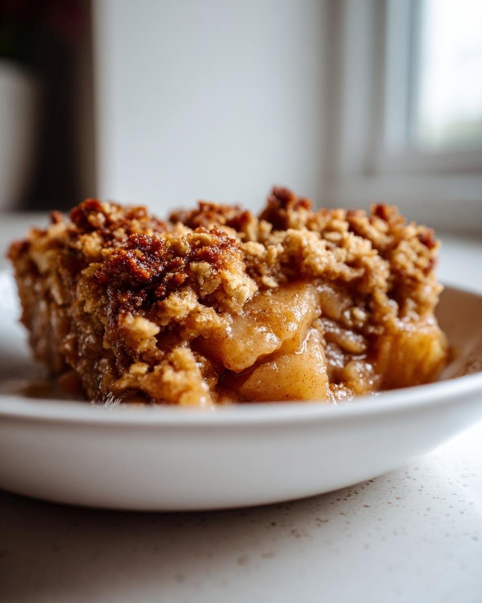 Close-up of a warm serving of Vegan Gluten Free Apple Crisp showing soft spiced apples and a crunchy oat topping.